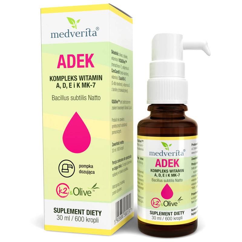 ADEK kompleks witamin A, D, E i K MK-7 dla dorosłych 30ml/ 600 kropli Medverita